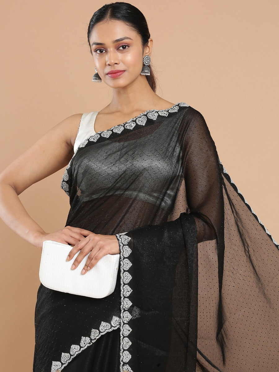 Black Shimmer Georgette Black Mini Stone Works All Over Design