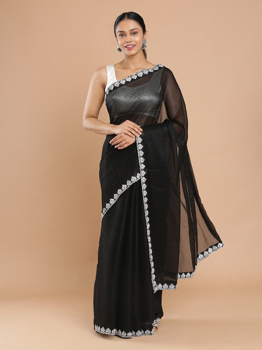 Black Shimmer Georgette Black Mini Stone Works All Over Design