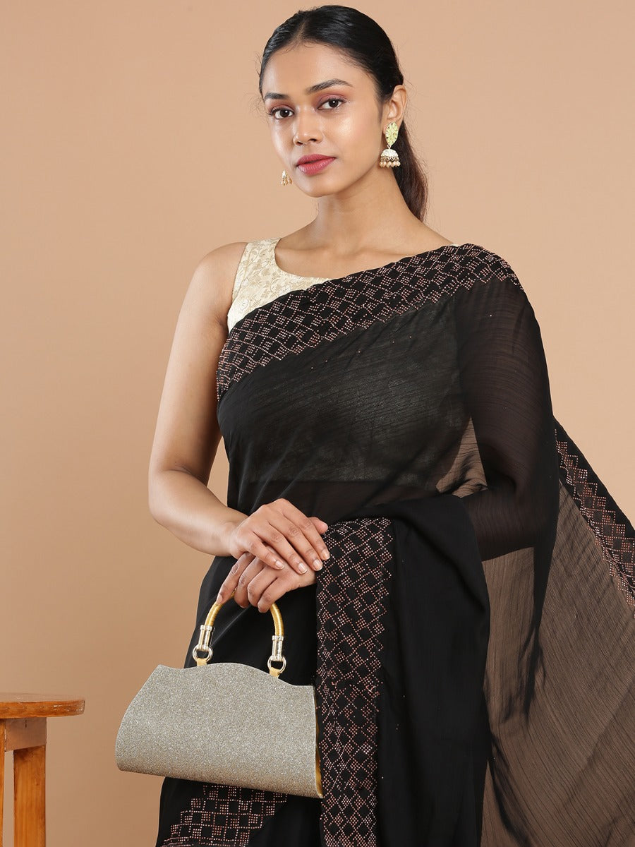 Black Color Chiffon Plain Saree With Heavy Copper Mini Stone Work Border