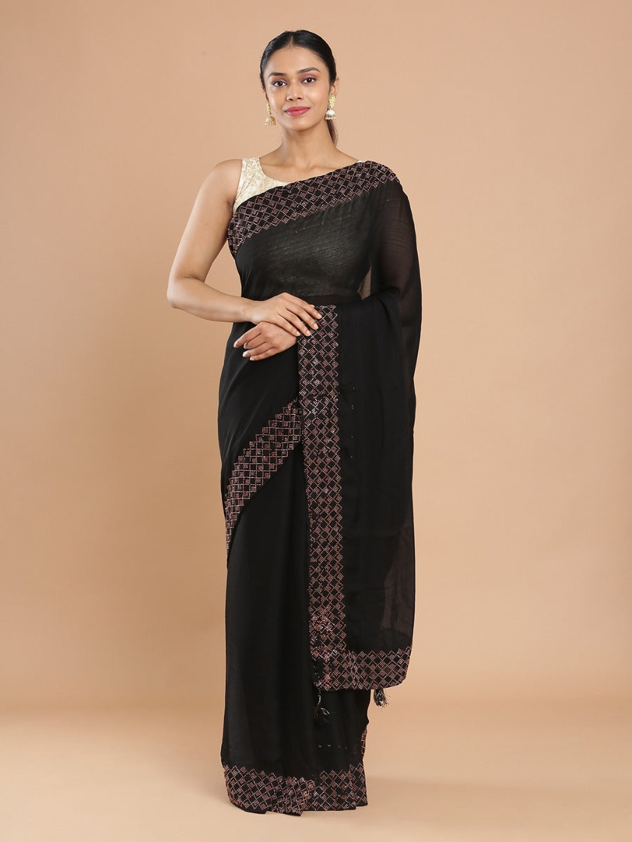 Black Color Chiffon Plain Saree With Heavy Copper Mini Stone Work Border