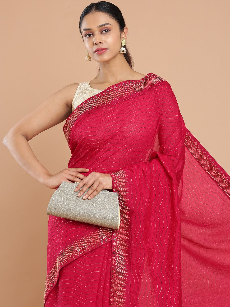 Pink Vaibhavi Silk Saree Body Full Copper Mini Stone Worked Design