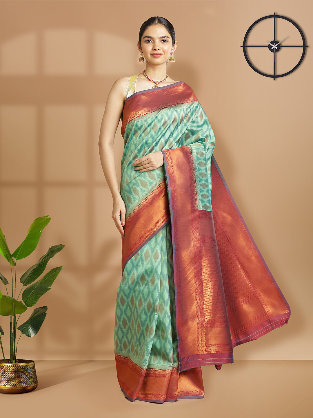 Mint Green Pochampalli Designed Art Silk Saree With Maroon Border
