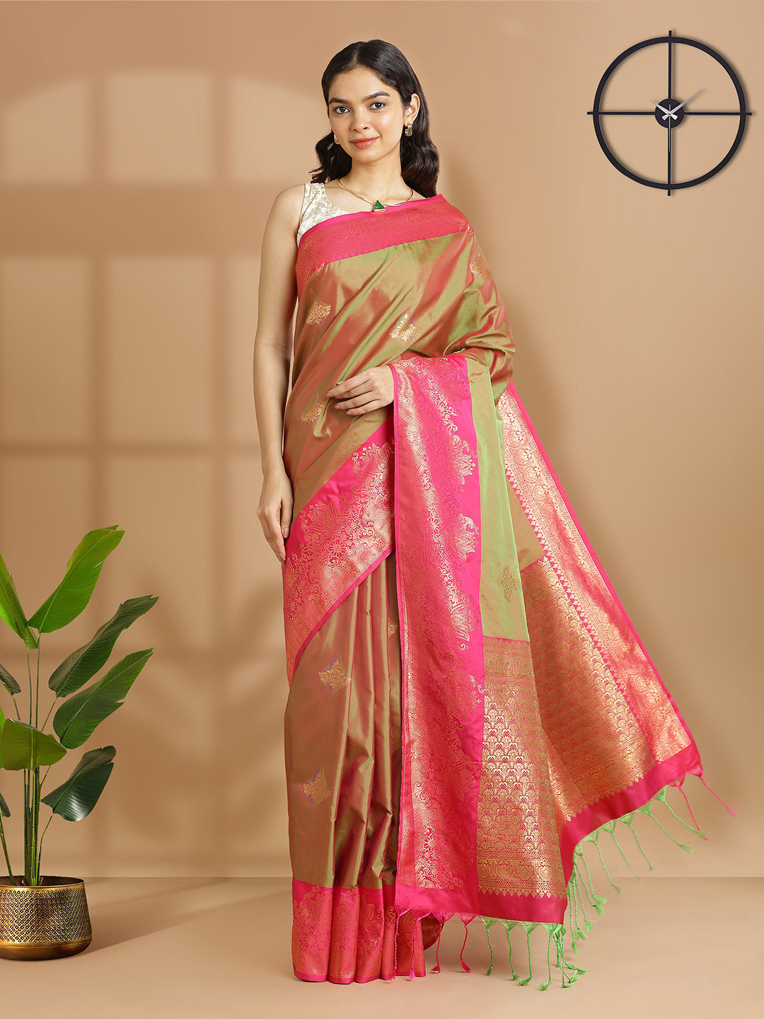 Olive Green Art Silk Saree With Copper Color Buttas And Pink Border