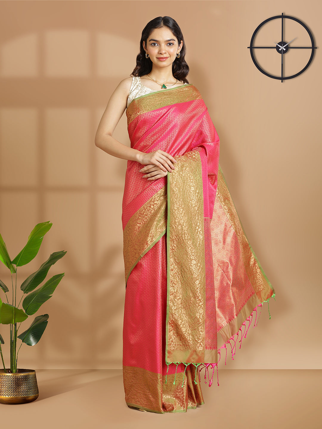 Bright Pink Waved Zari Designed Saree With Olive Green Border