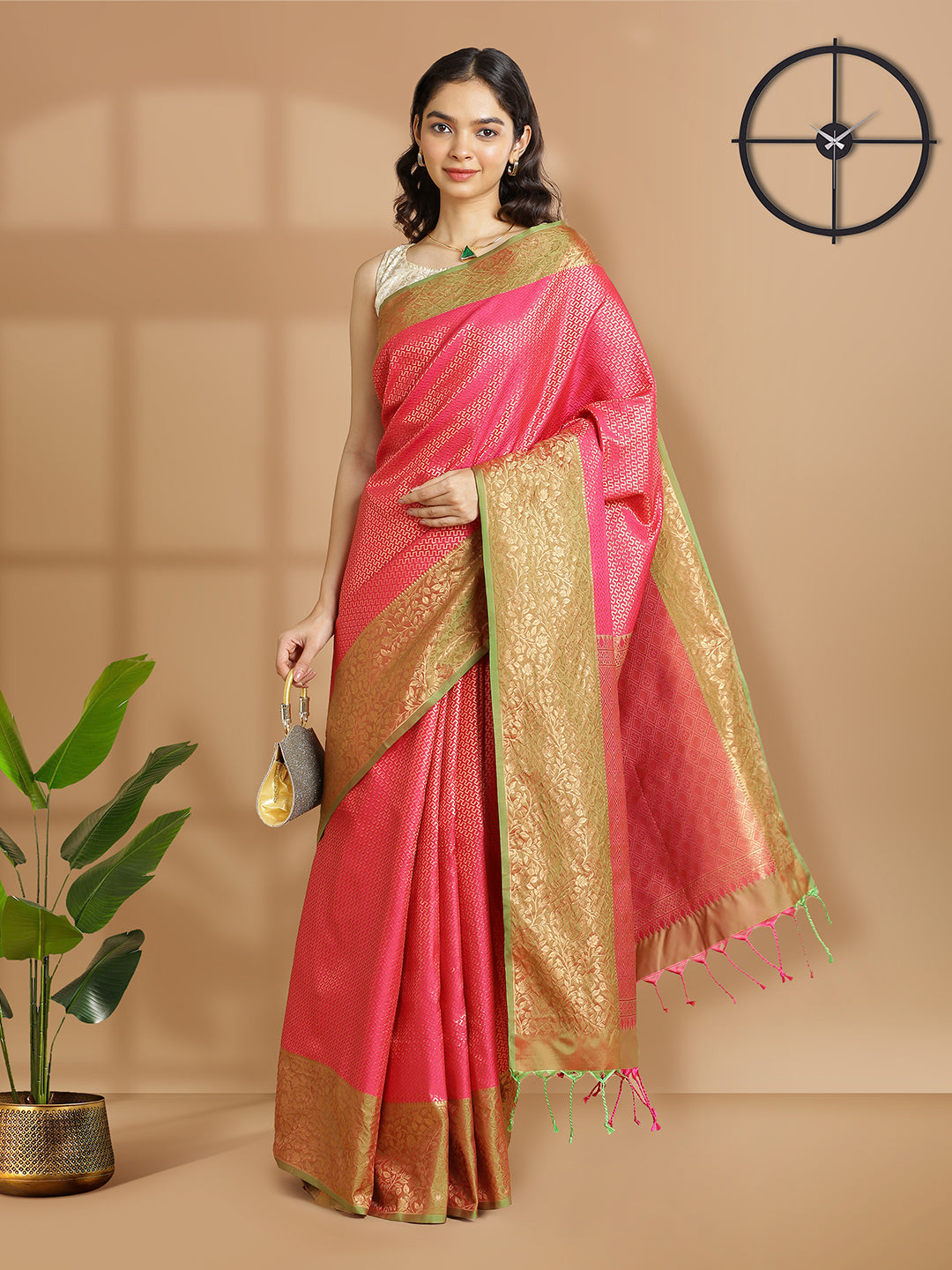 Bright Pink Waved Zari Designed Saree With Olive Green Border
