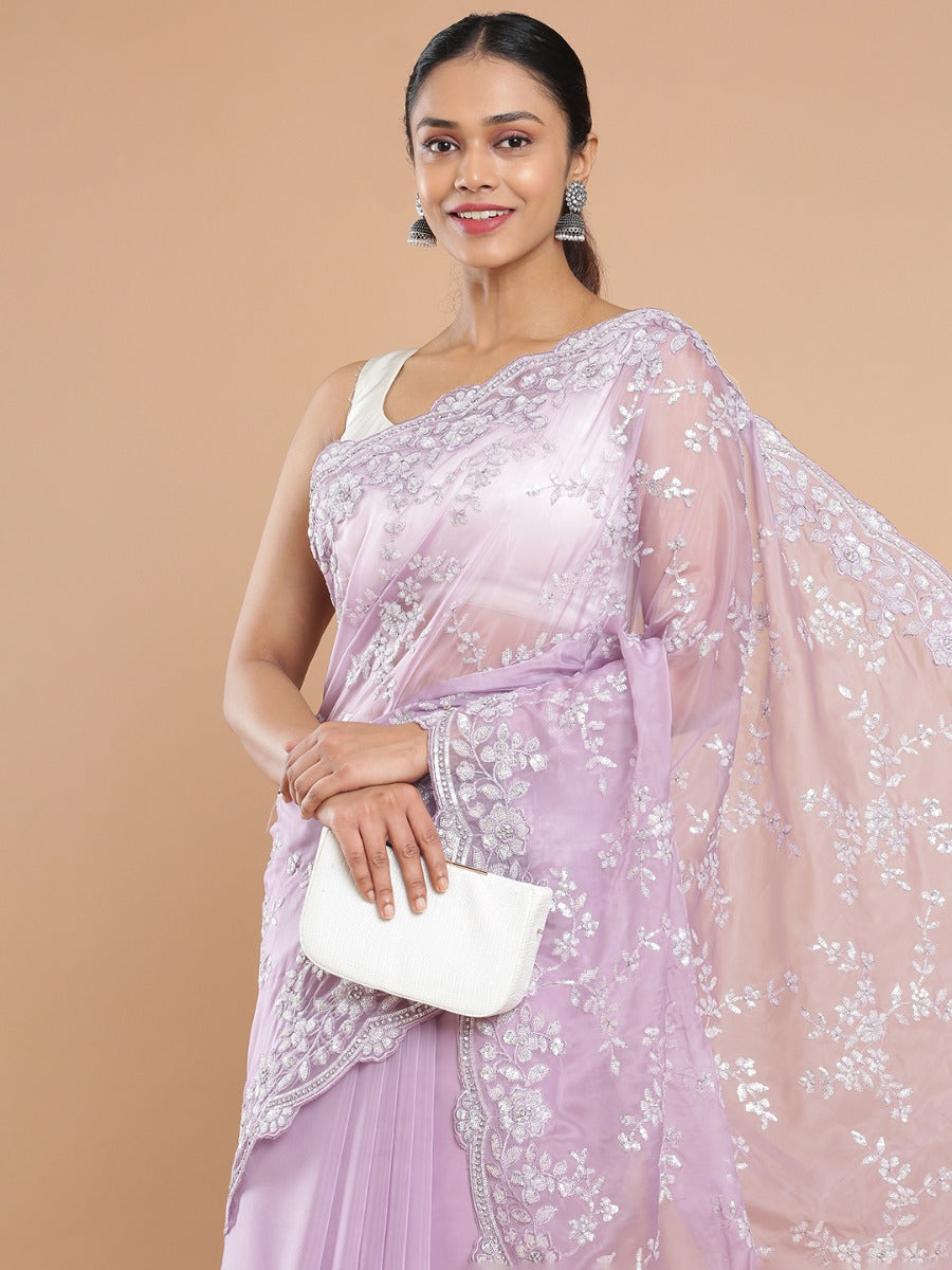 Lavender Color Organza Saree With Floral Embroidery And Sequence All Over Design