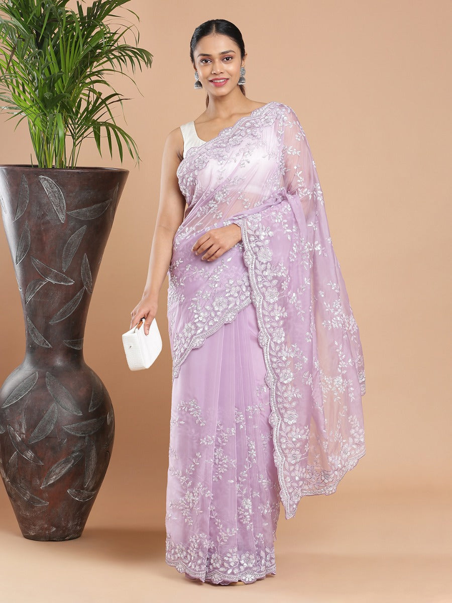 Lavender Color Organza Saree With Floral Embroidery And Sequence All Over Design