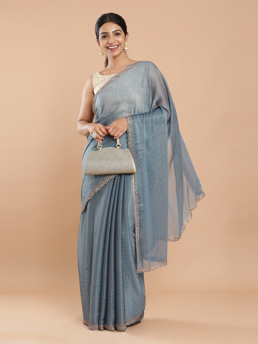 Ash Shimmer Chiffon Saree With Copper Color Mini stone Work All Over Design