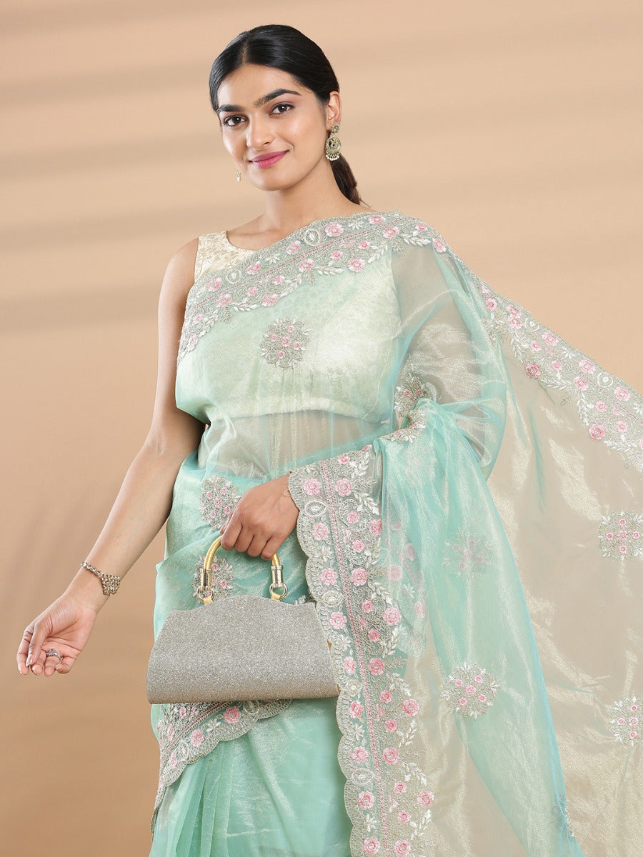 Light Teal Green & Golden Double Shaded Shimmer Net Saree With Embroidery Design