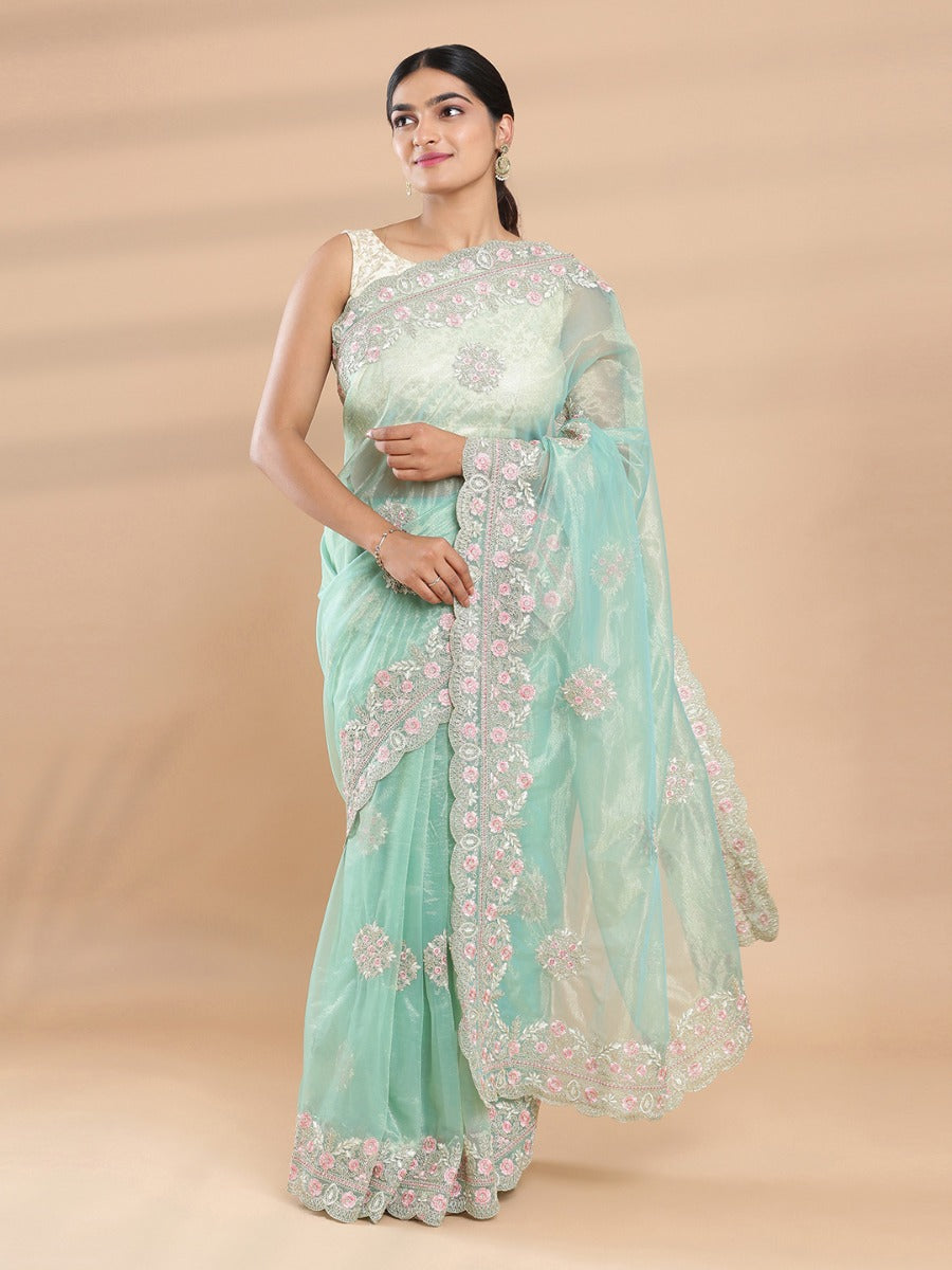 Light Teal Green & Golden Double Shaded Shimmer Net Saree With Embroidery Design