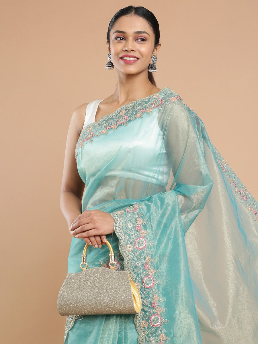 Light Teal Blue Shimmer Net Saree With Embroidery Scalloped Border