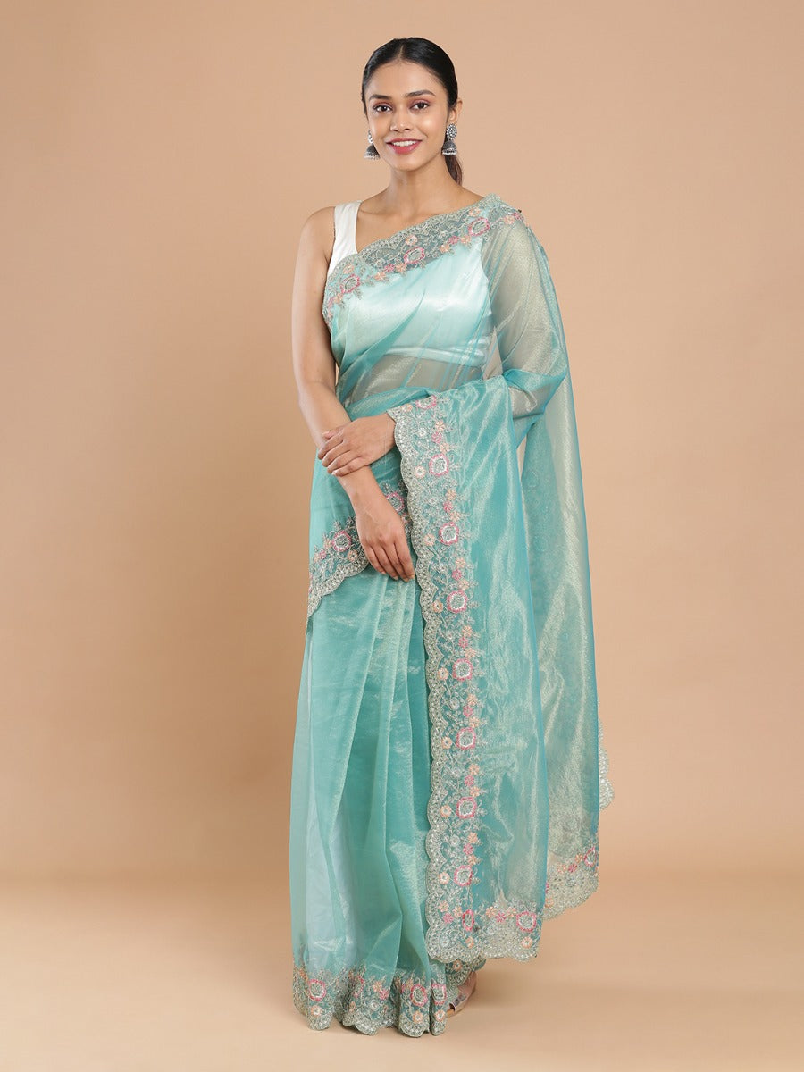 Light Teal Blue Shimmer Net Saree With Embroidery Scalloped Border