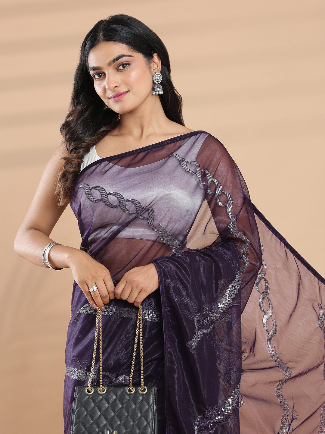 Dark Purple Net Saree With Embroidery And Sequence Work