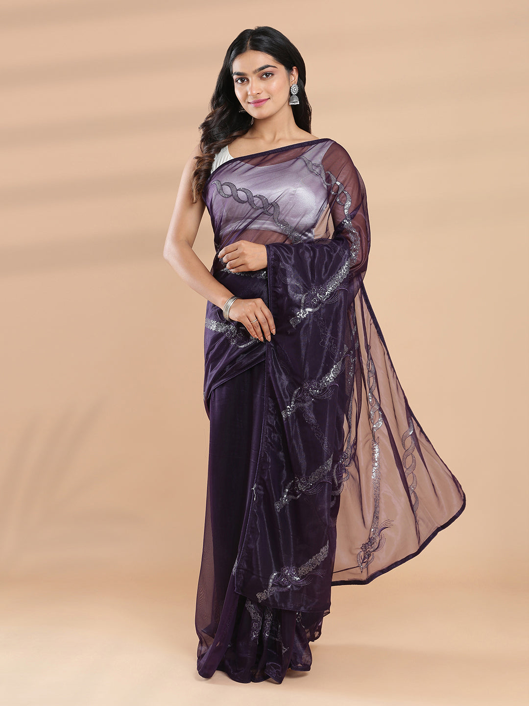 Dark Purple Net Saree With Embroidery And Sequence Work
