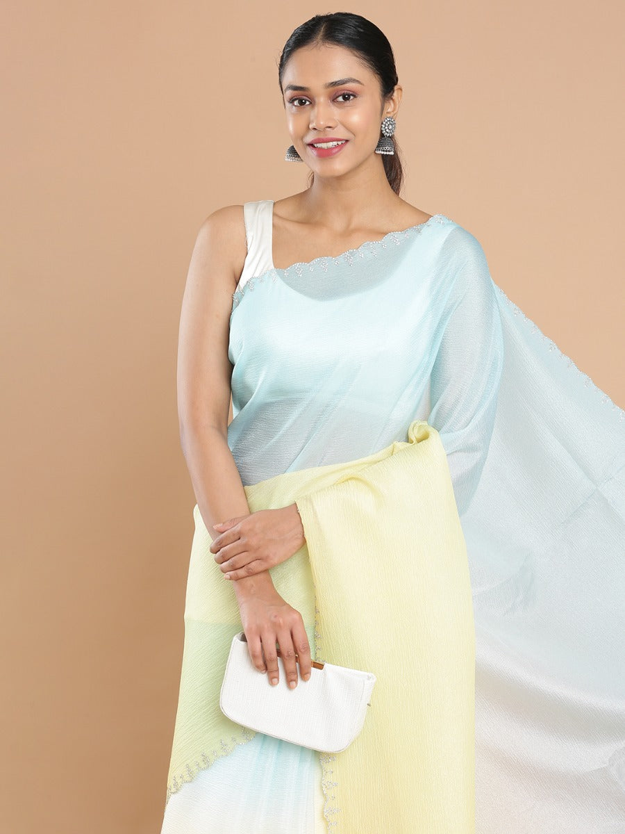 Yellow & Blue Double Shade Plain Saree With Stone Worked Border