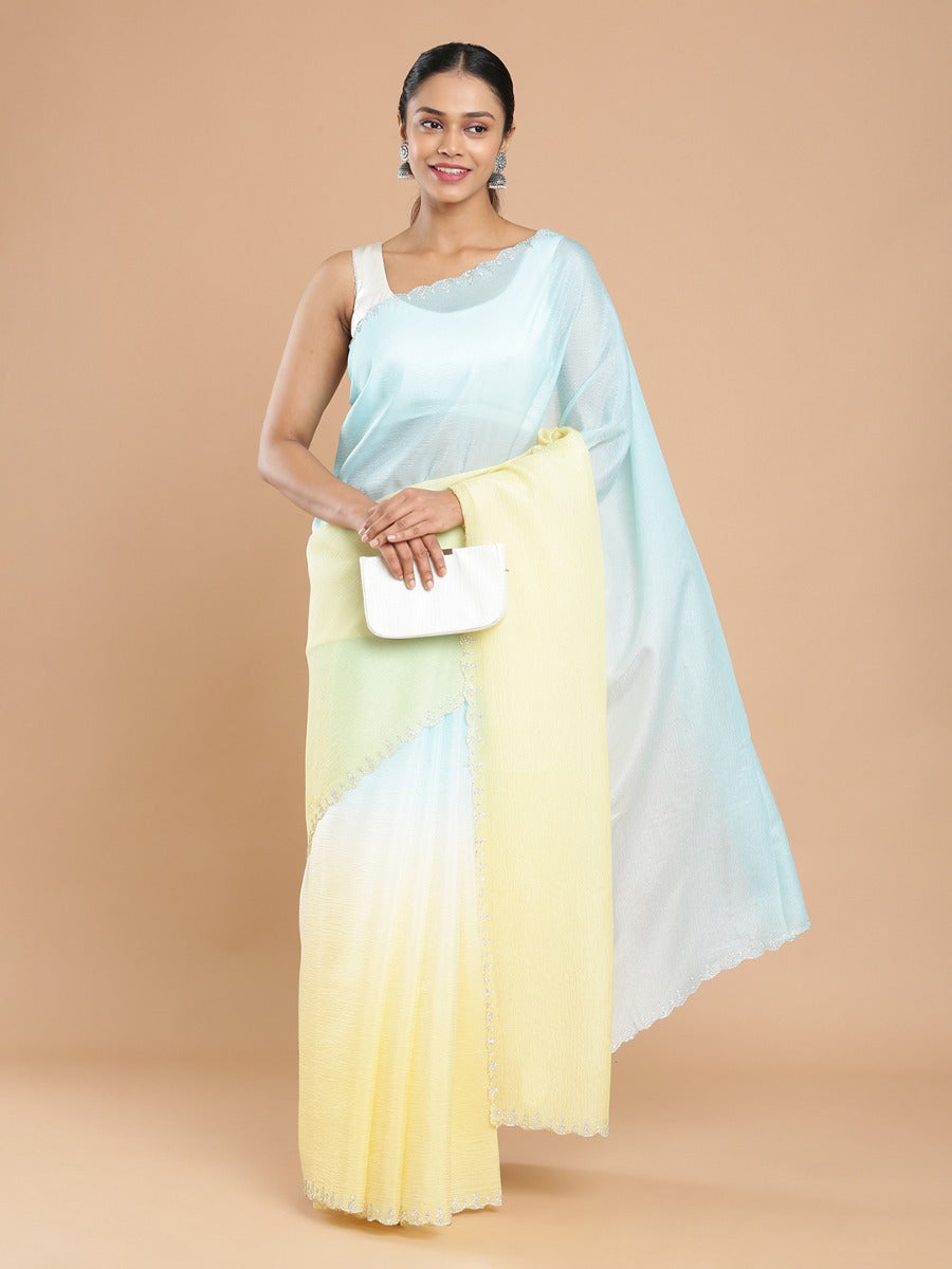 Yellow & Blue Double Shade Plain Saree With Stone Worked Border