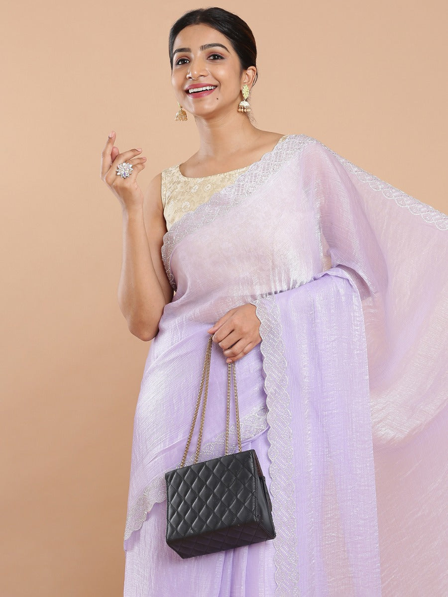 Lavender Crushed Organza Plain Saree With Stone Worked Borders