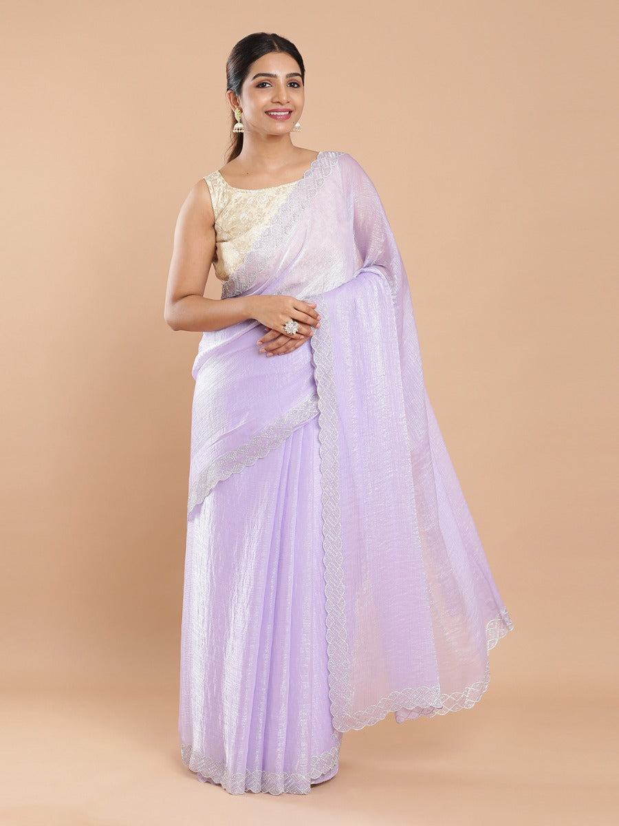 Lavender Crushed Organza Plain Saree With Stone Worked Borders