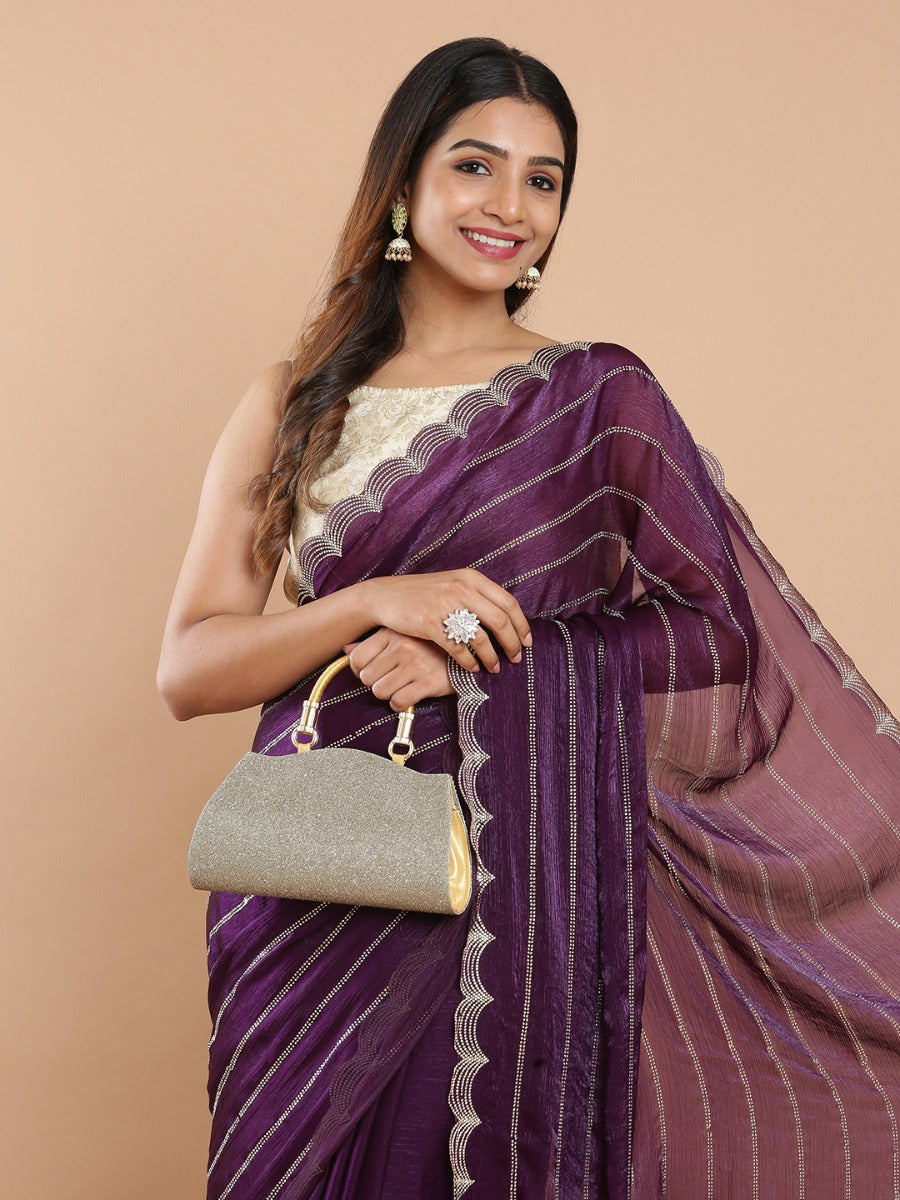 Violet Color Glass Organza Saree With Striped Golden Stone Work All Over Design