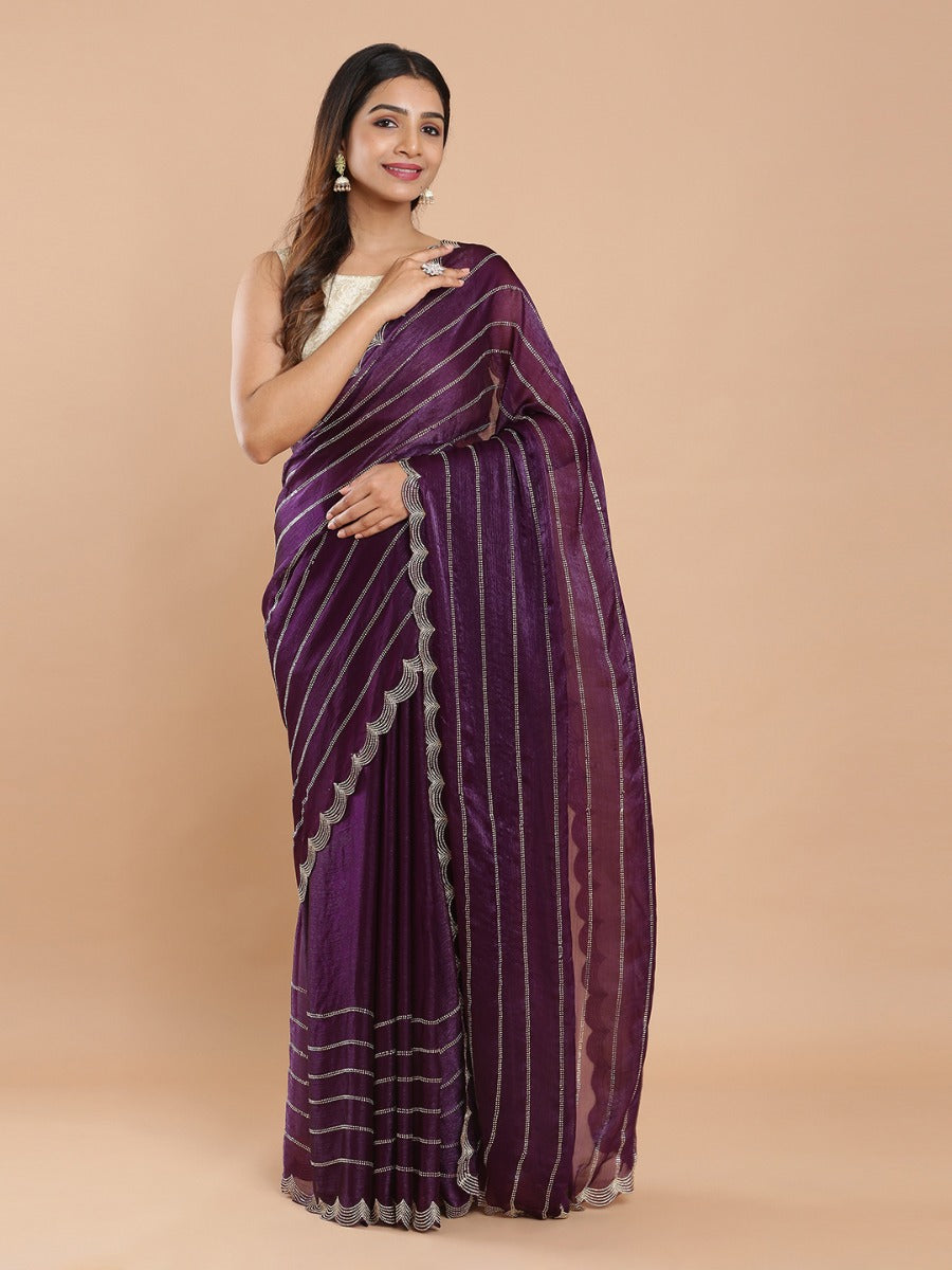 Violet Color Glass Organza Saree With Striped Golden Stone Work All Over Design