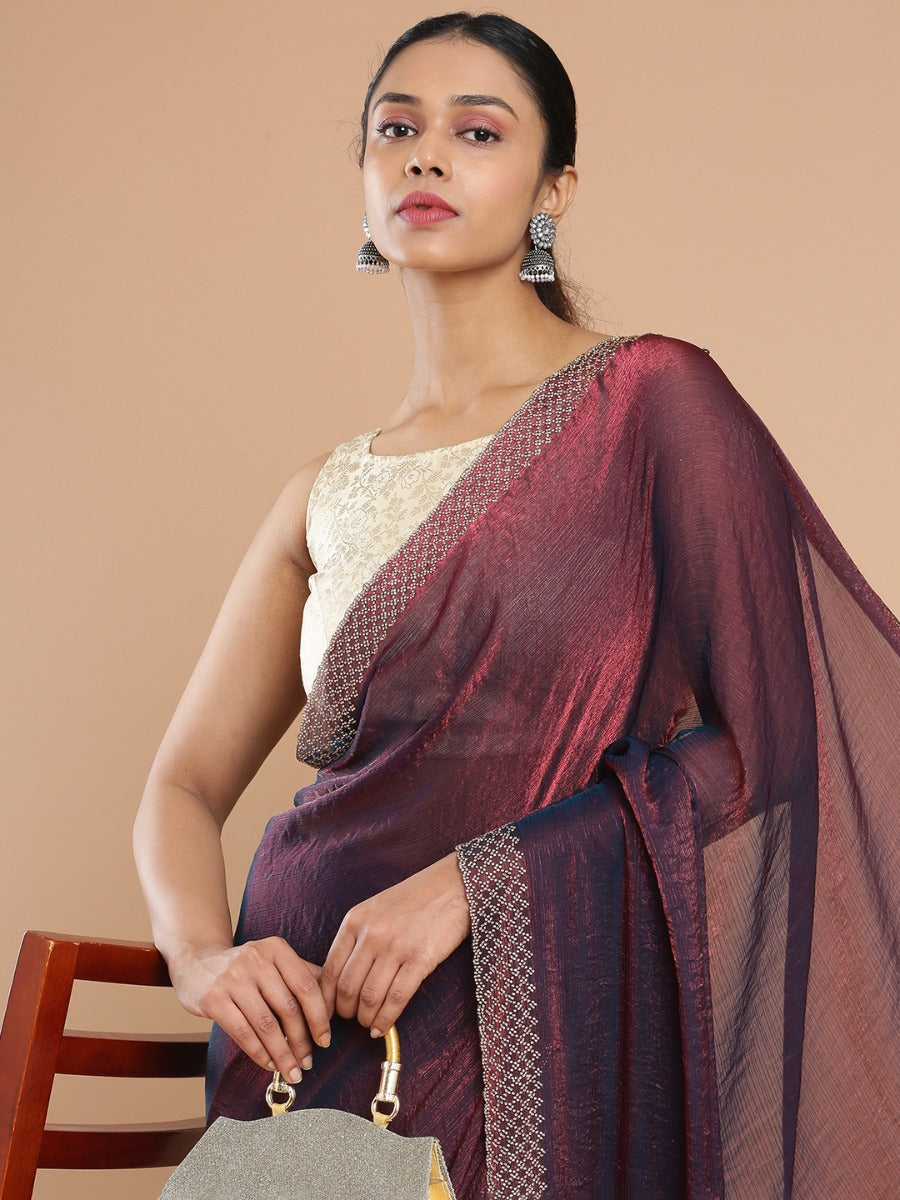 Dark Maroon Glass Organza Plain Saree With Stone Worked Border