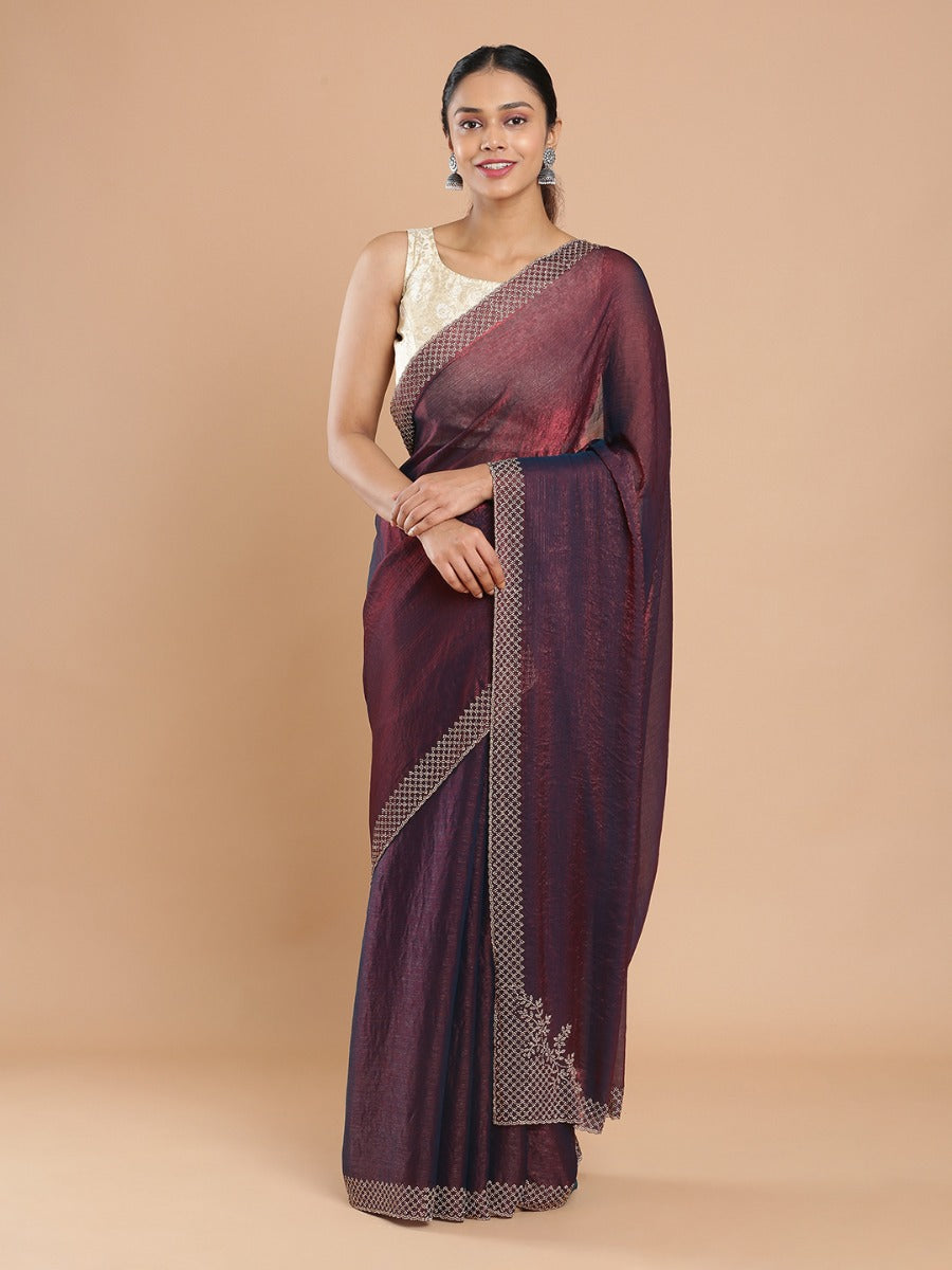 Dark Maroon Glass Organza Plain Saree With Stone Worked Border