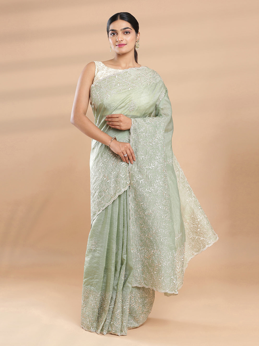 Olive Green Color Organza Saree With Embroidery Design