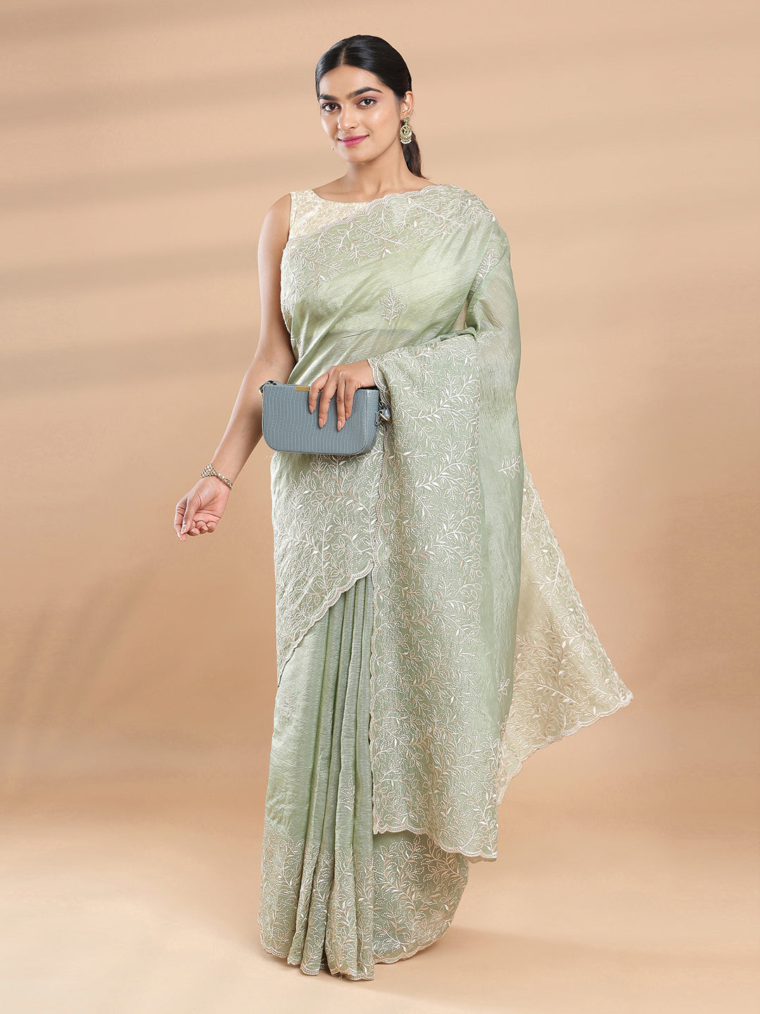 Olive Green Color Organza Saree With Embroidery Design