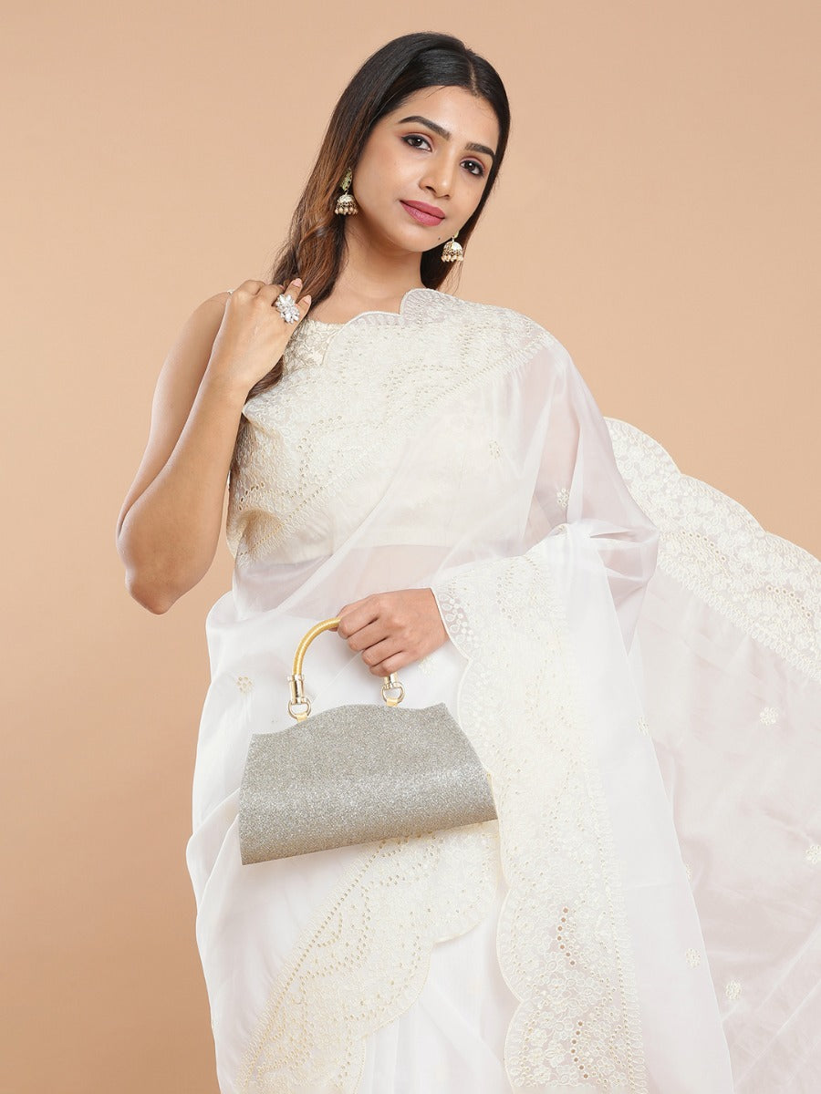 Off White Organza Saree With Floral Embroidery All Over Design