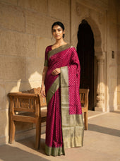 Banarasi Pattern Tusser Silk Saree in Beetroot Red with Contrast Pallu