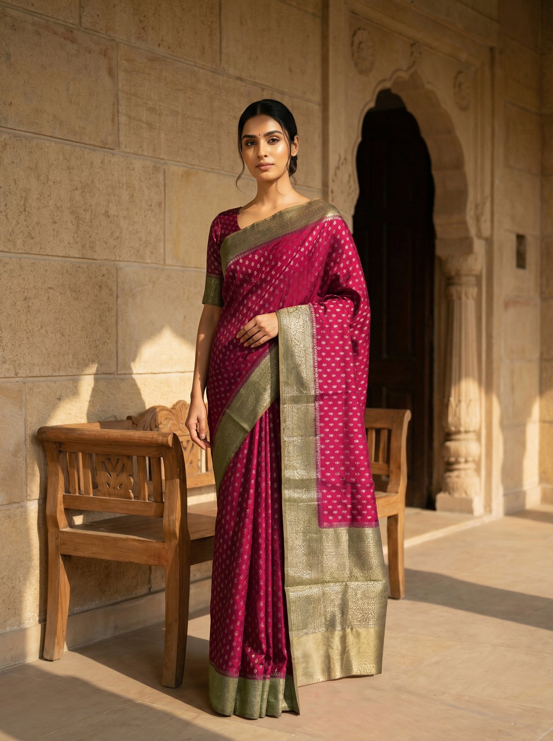 Banarasi Pattern Tusser Silk Saree in Beetroot Red with Contrast Pallu