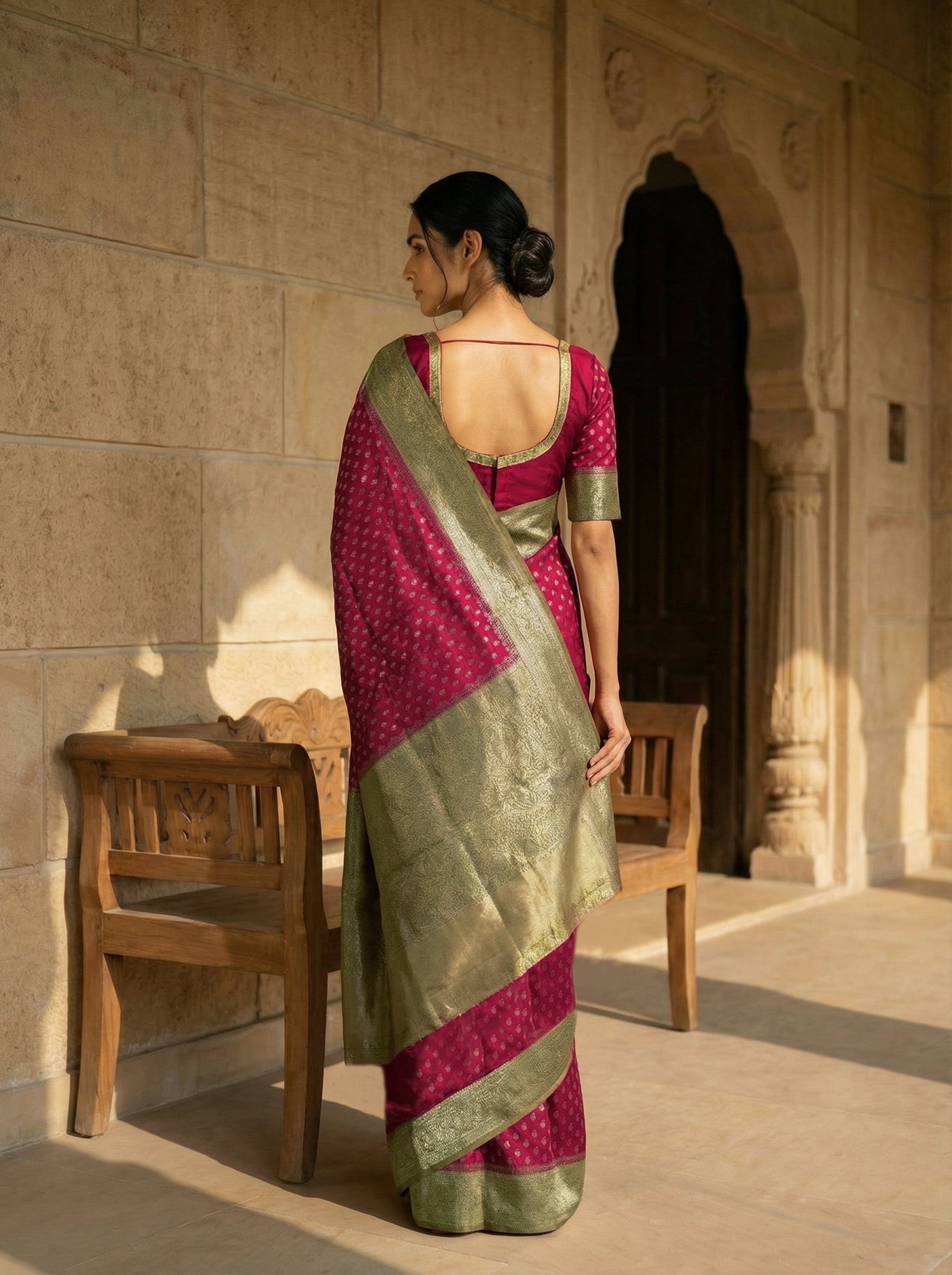 Banarasi Pattern Tusser Silk Saree in Beetroot Red with Contrast Pallu