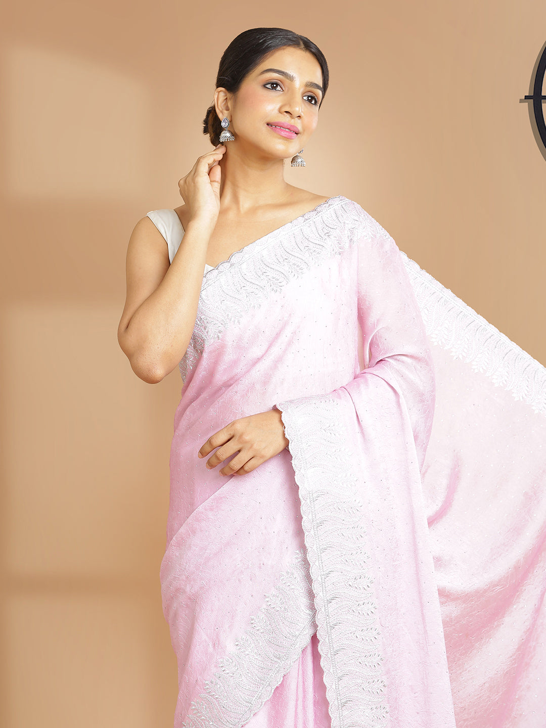 Baby Pink Crushed Chiffon Saree With Silver Mini Stone Over Body
