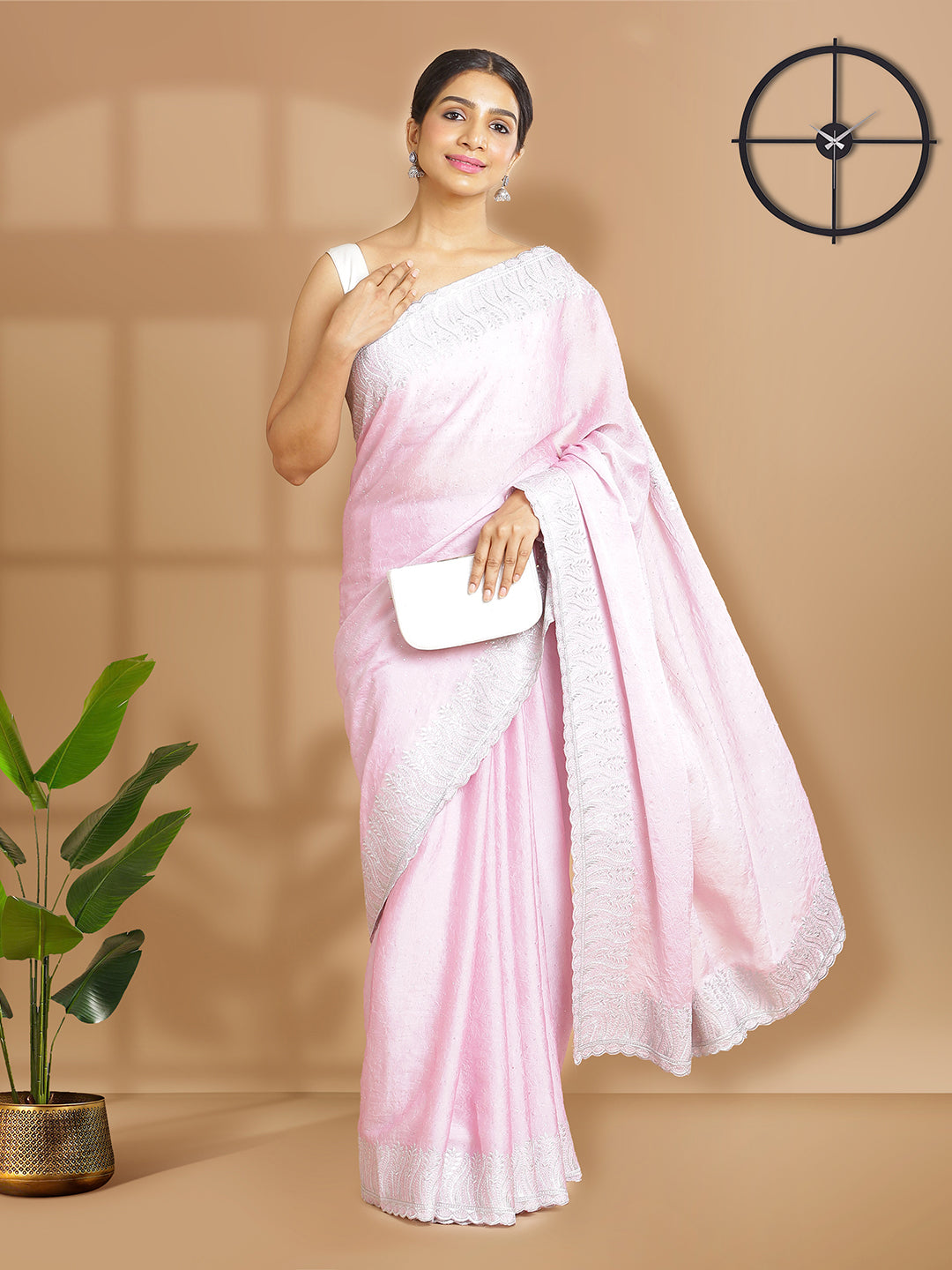 Baby Pink Crushed Chiffon Saree With Silver Mini Stone Over Body