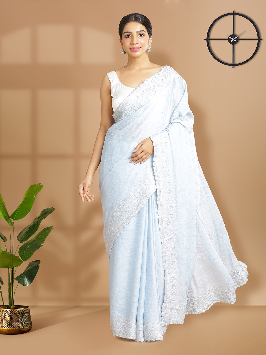 Ice Blue Color Crushed Chiffon Saree With Mini Silver Stones Over Body