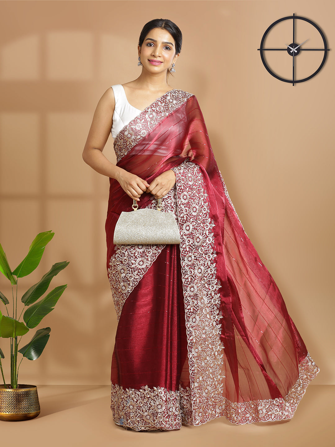 Dark Maroon Organza Georgette Saree With Horizontal Sequence Stripes Over Body