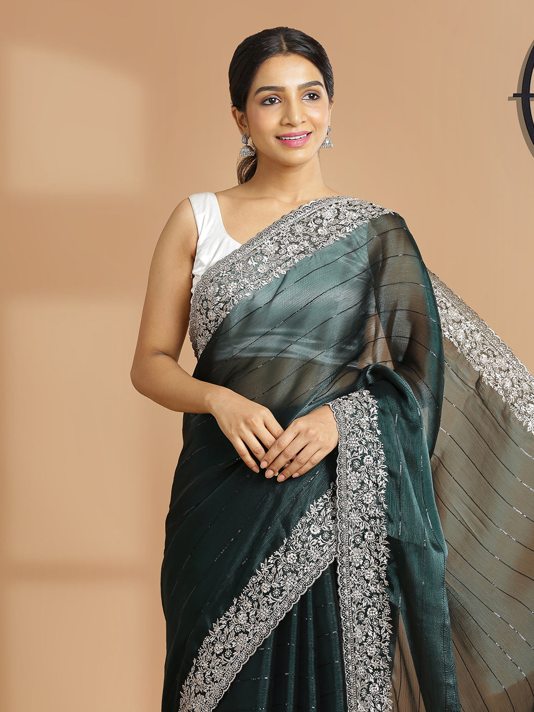 Bottle Green Organza Saree With Horizontal Sequence Stripes Over Body