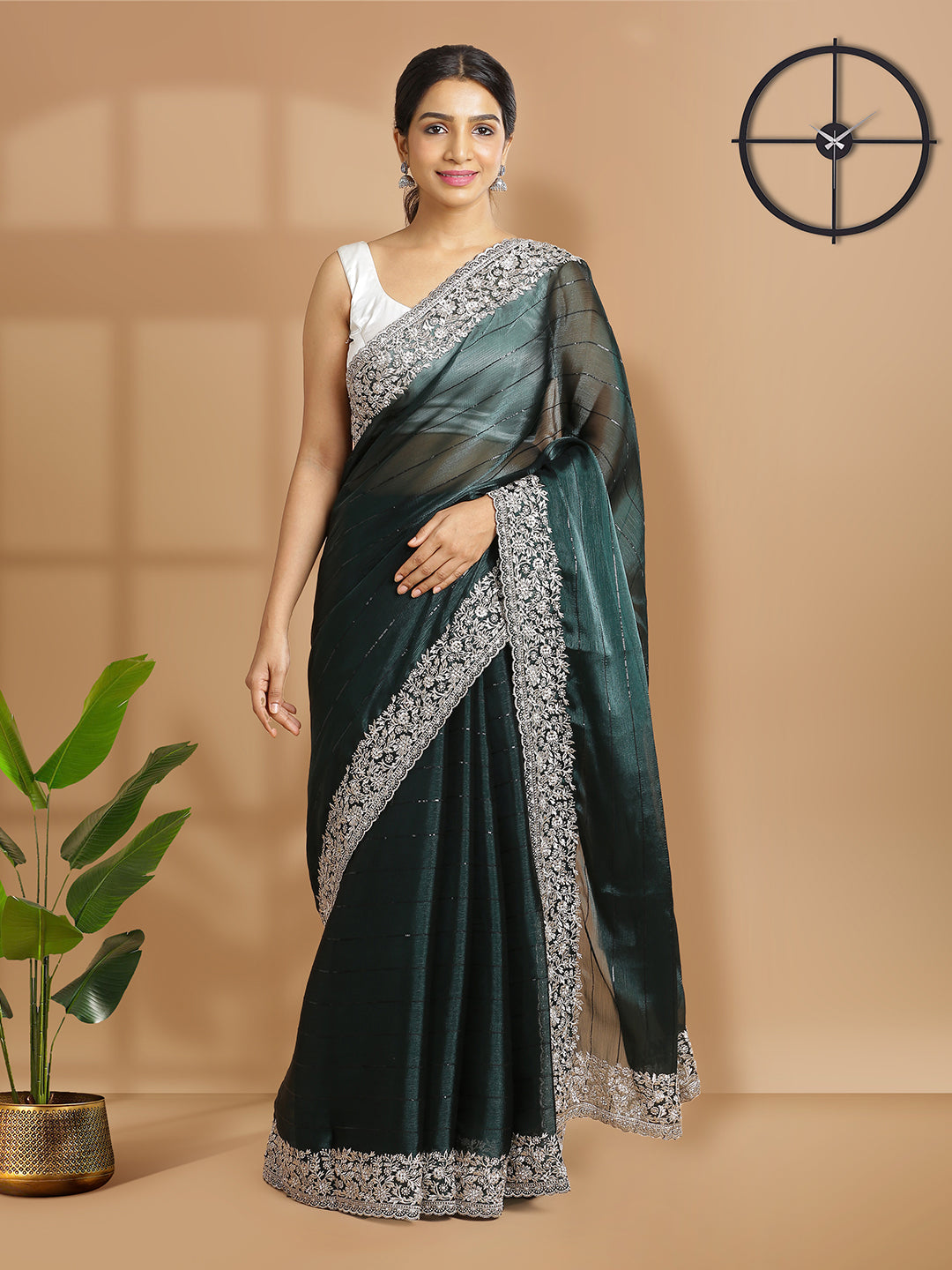 Bottle Green Organza Saree With Horizontal Sequence Stripes Over Body