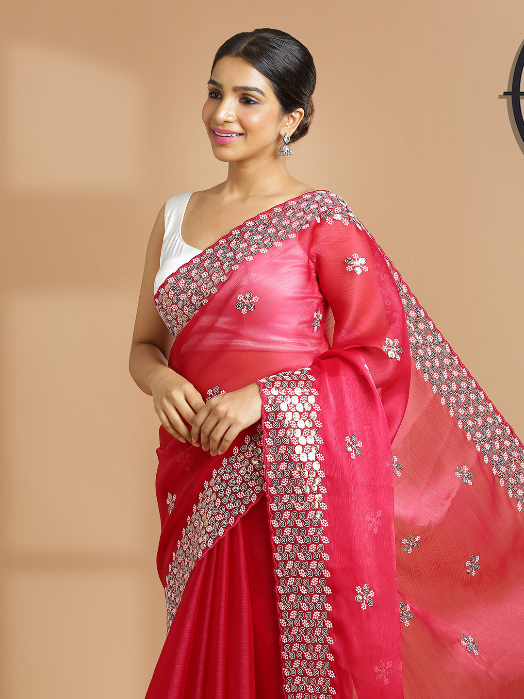 Ruby Red Organza Saree With Thread And Sequence Worked Buttas Over Body
