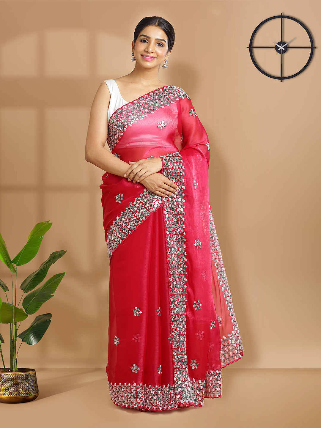 Ruby Red Organza Saree With Thread And Sequence Worked Buttas Over Body