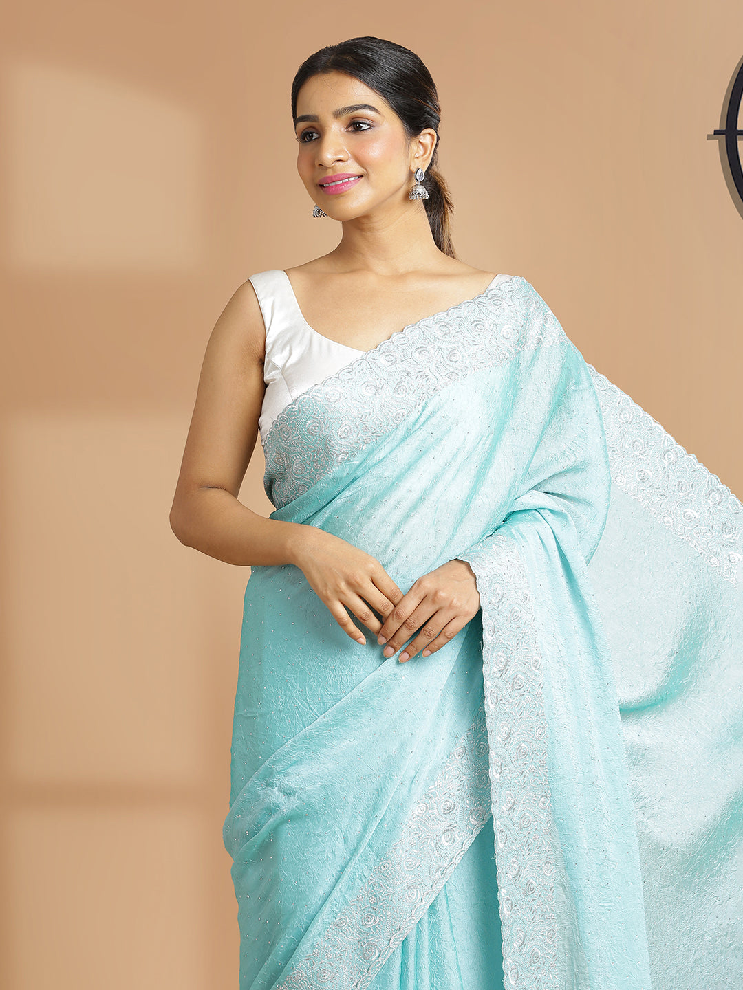 Teal Green Crushed Chiffon Saree With Mini Silver Stones On Body