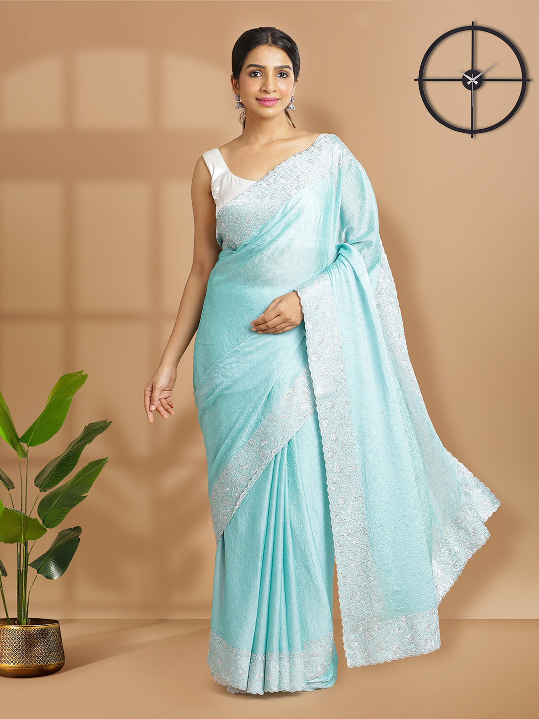 Teal Green Crushed Chiffon Saree With Mini Silver Stones On Body