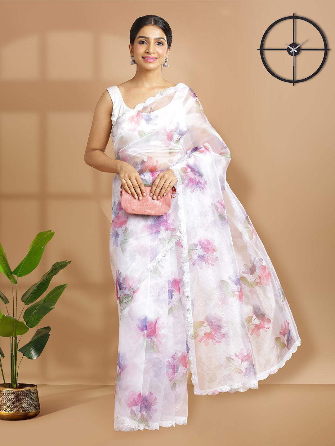 White Color Organza Saree With Multi Color Floral Print Over Body