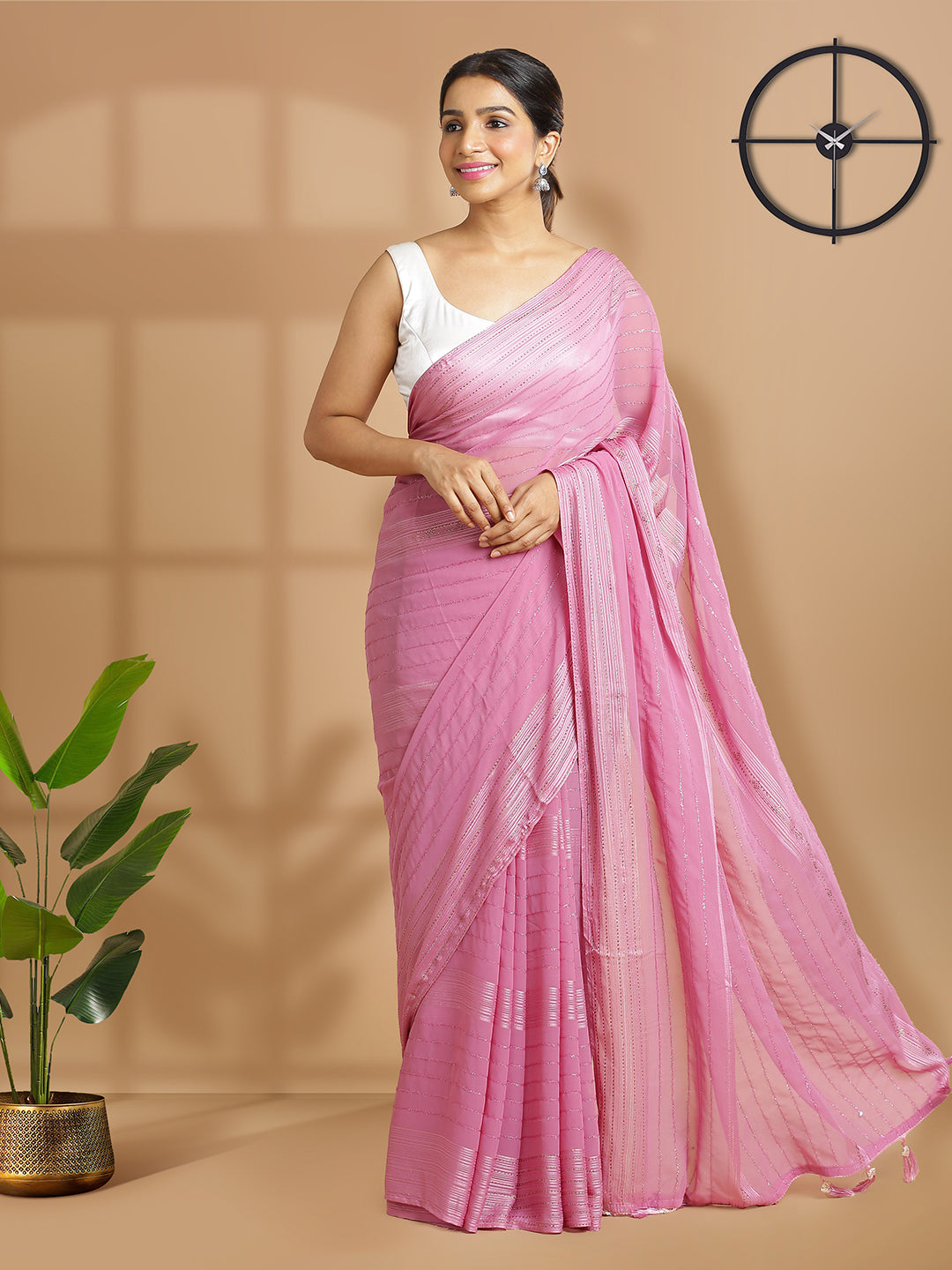 Onion Pink Chiffon Saree With Self Color Fur Stripes Over Body