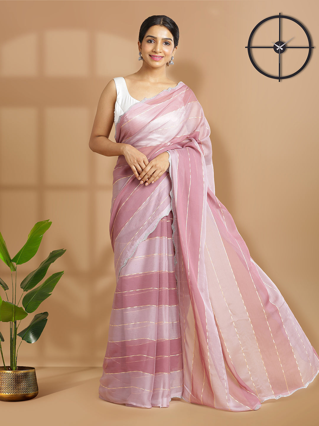 Dark & Light Onion Pink Georgette Saree With Horizontal Stripe Design Over Body