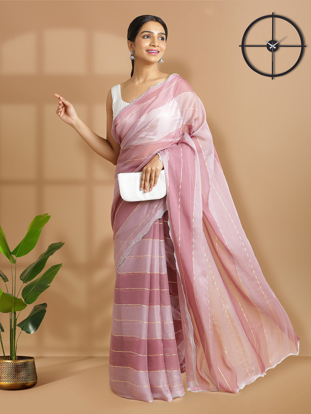 Dark & Light Onion Pink Georgette Saree With Horizontal Stripe Design Over Body