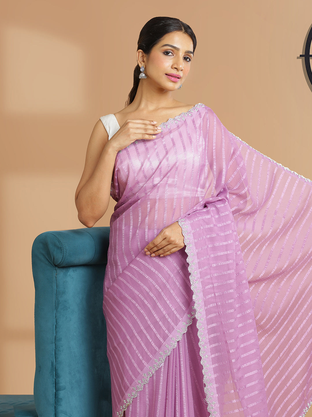 Light Purple Georgette Saree With Self Stripes Over Body