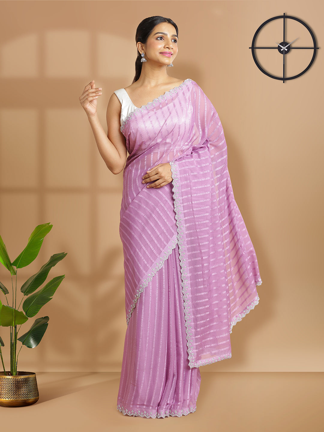 Light Purple Georgette Saree With Self Stripes Over Body