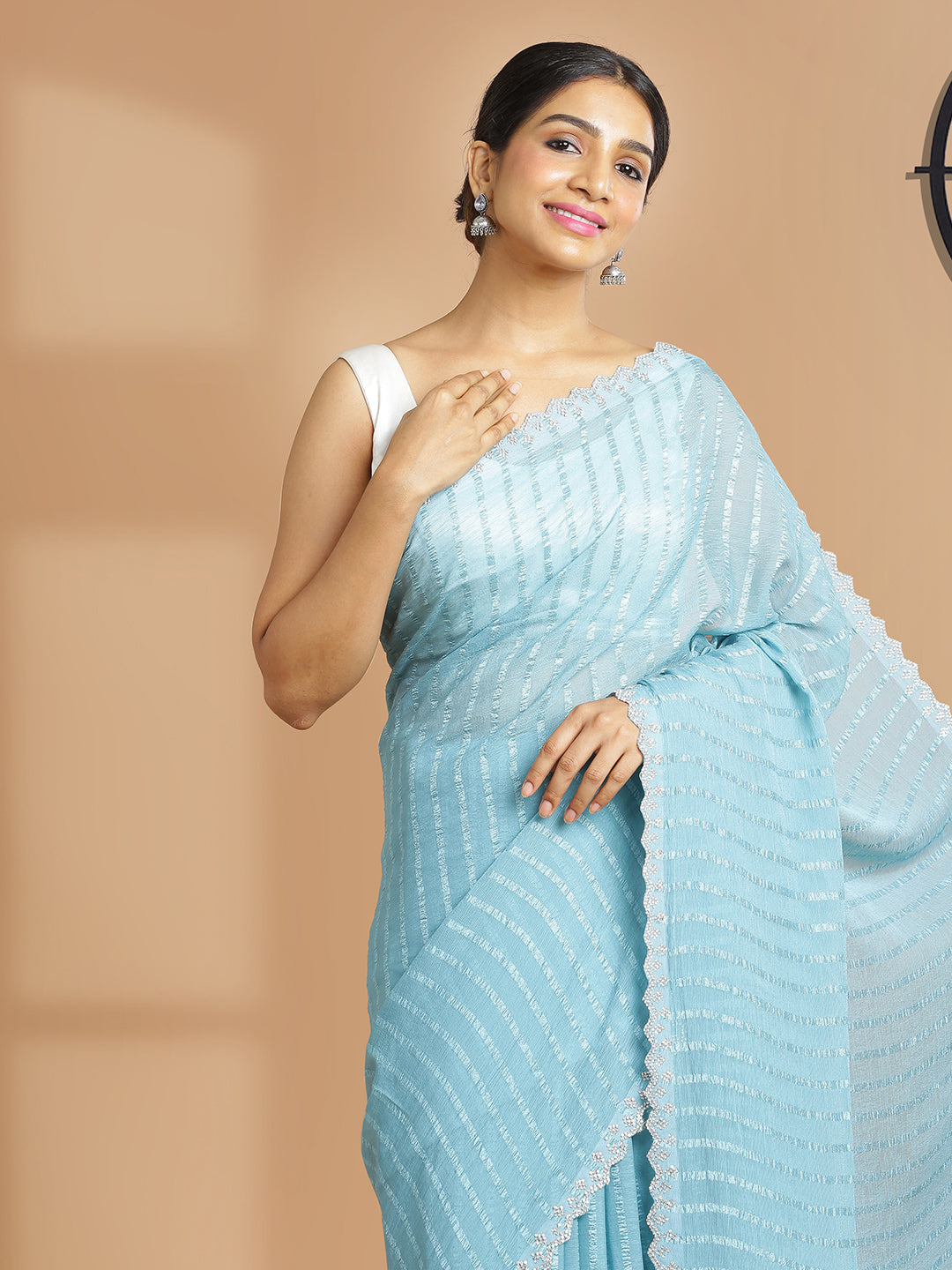 Light Blue Georgette Saree With Self Vertical Stripes All Over Body