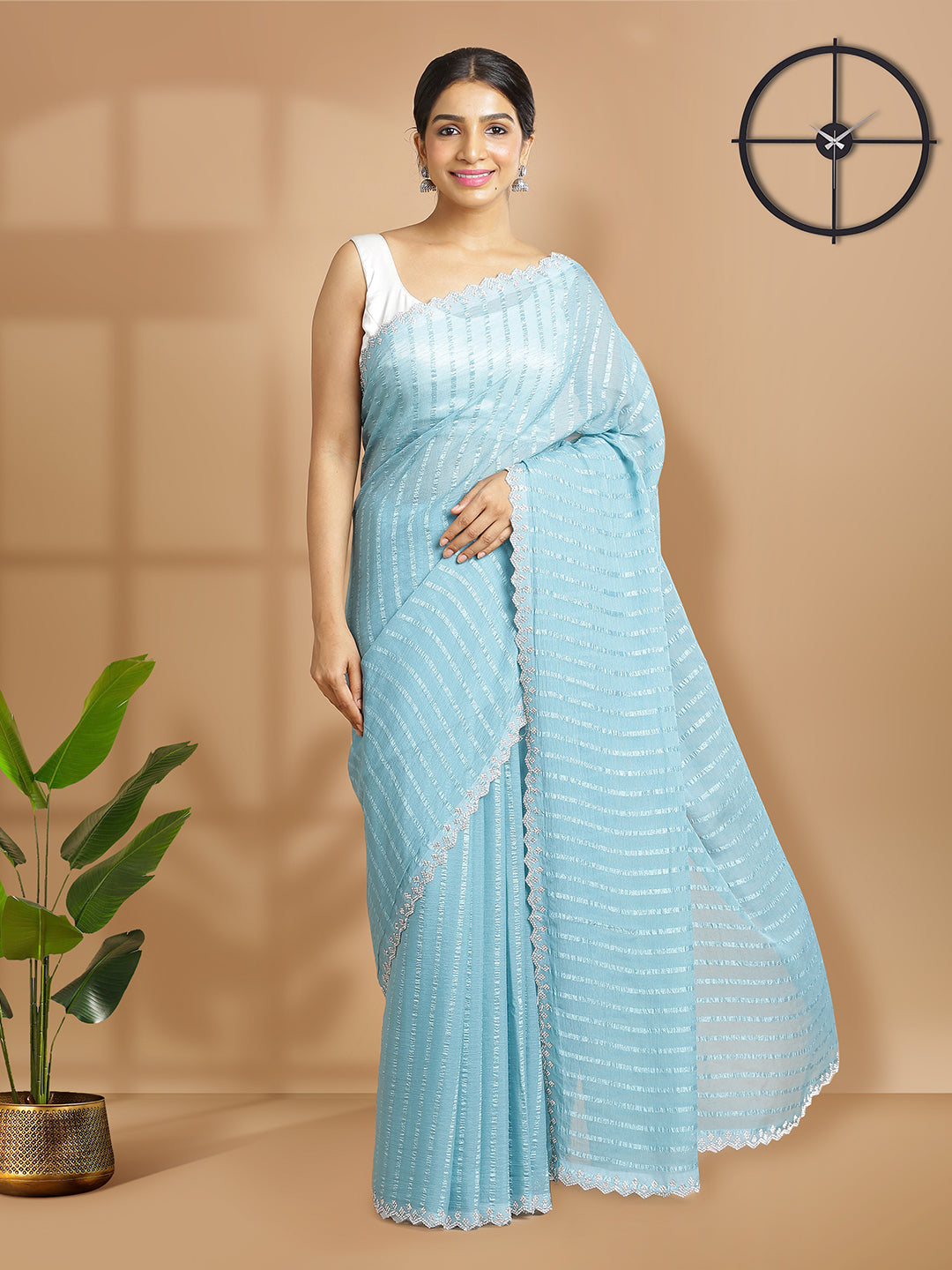 Light Blue Georgette Saree With Self Vertical Stripes All Over Body